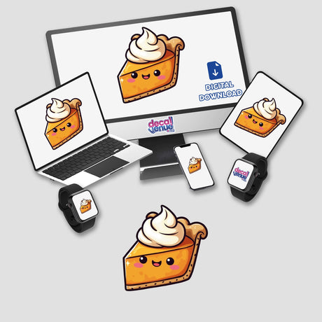 Kawaii Pumpkin Pie Slice with Whipped Cream Hat displayed on a computer monitor and laptop, available as stickers or digital artwork, showcasing a playful pie illustration.