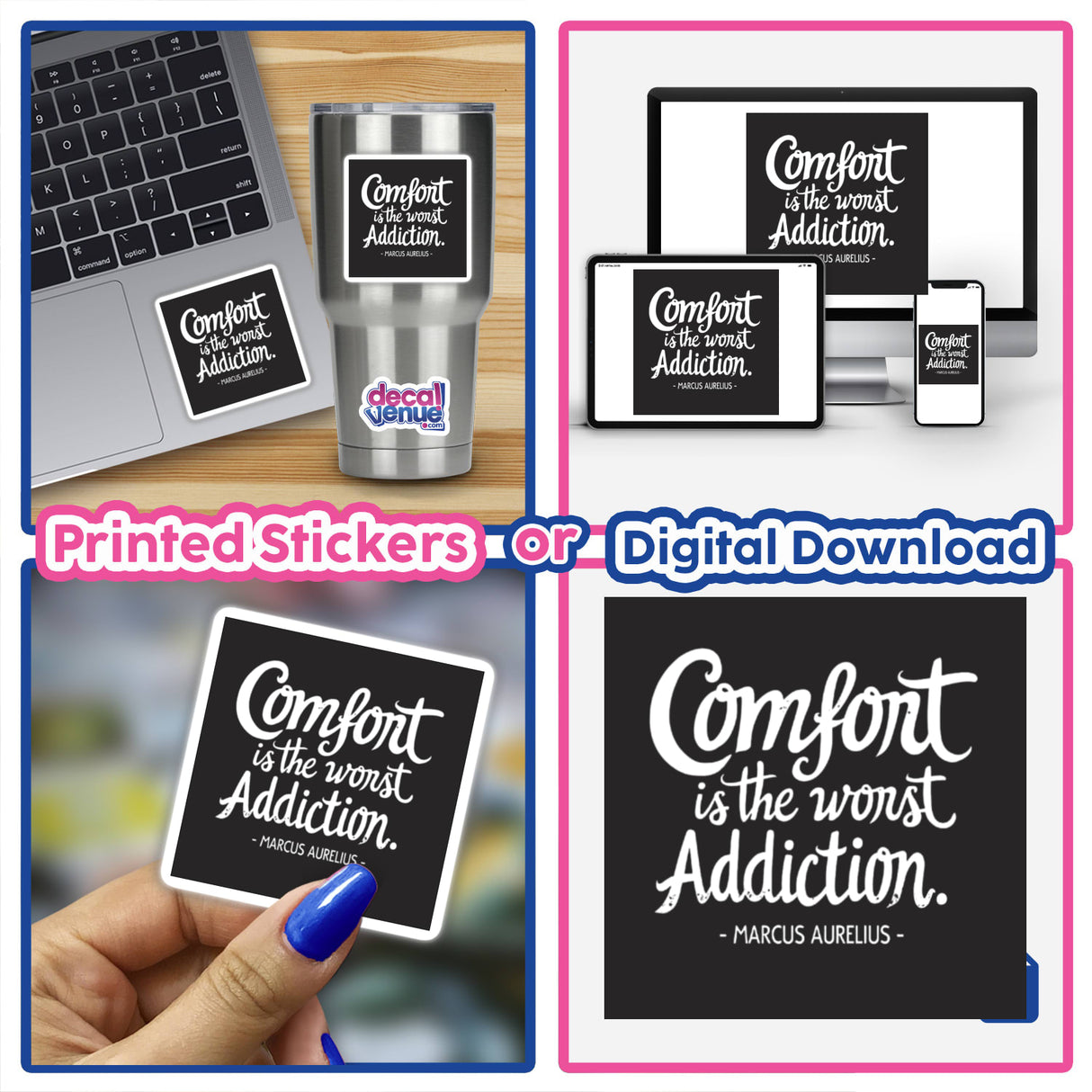 Comfort is the Worst Addiction – Marcus Aurelius Quote Sticker or Clipart with Commercial Rights, features a laptop adorned with the quote, ideal for digital art enthusiasts or inspirational decor.