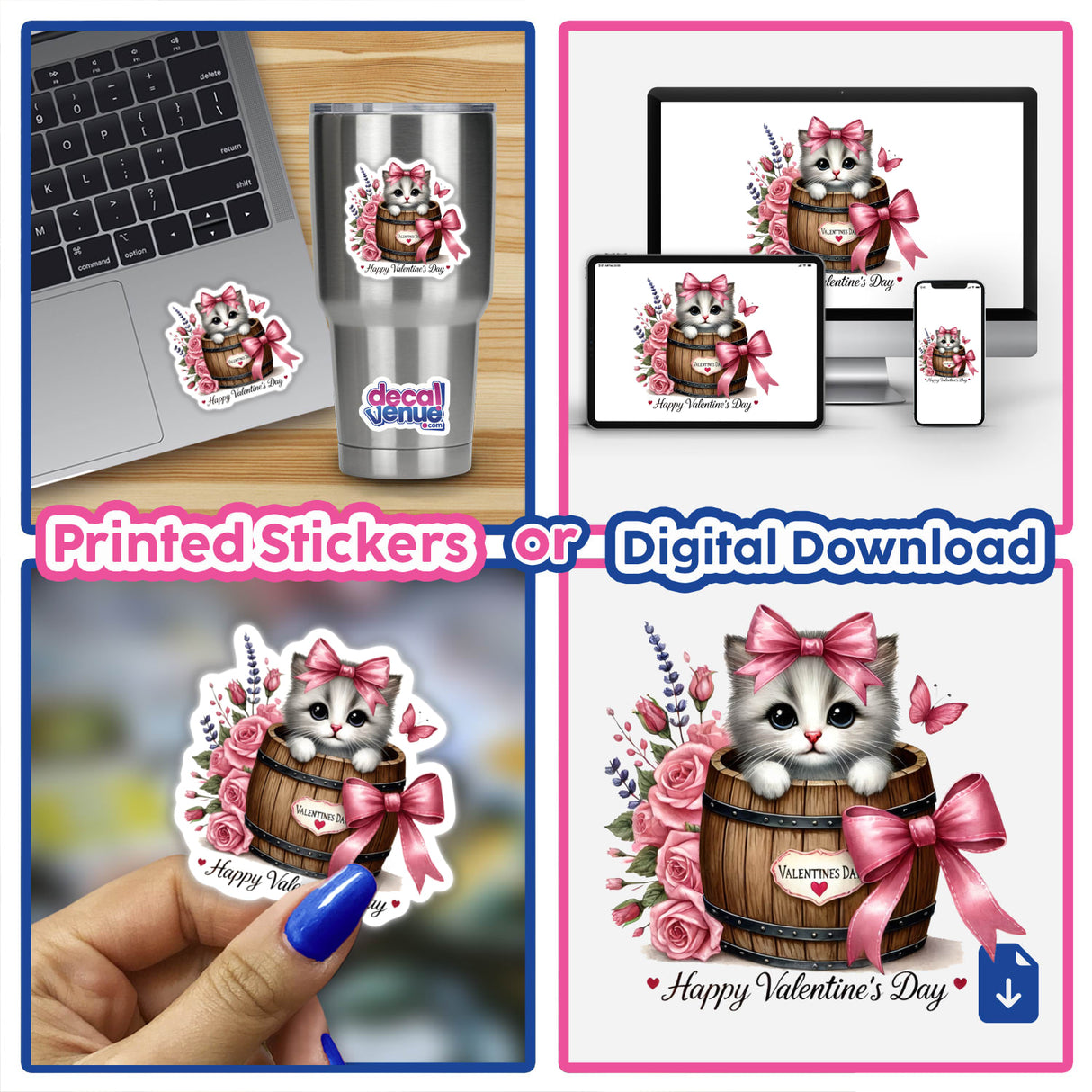 Coquette Valentine Cat Peeking From Barrel sticker collage features whimsical designs with a cat adorned with a bow, surrounded by flowers and butterflies, perfect for laptops or cell phones.