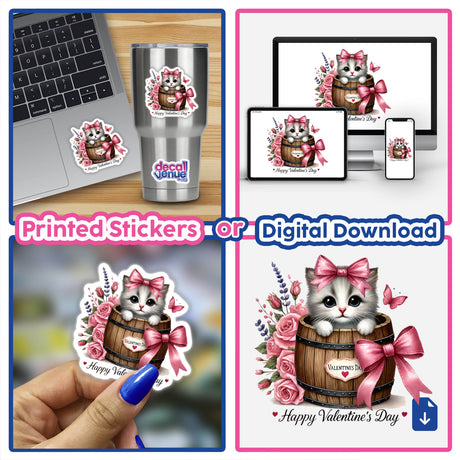 Coquette Valentine Cat Peeking From Barrel sticker collage features whimsical designs with a cat adorned with a bow, surrounded by flowers and butterflies, perfect for laptops or cell phones.