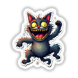 Sticker of a cartoon cat with yellow eyes and sharp teeth, titled Gato Acelerado.