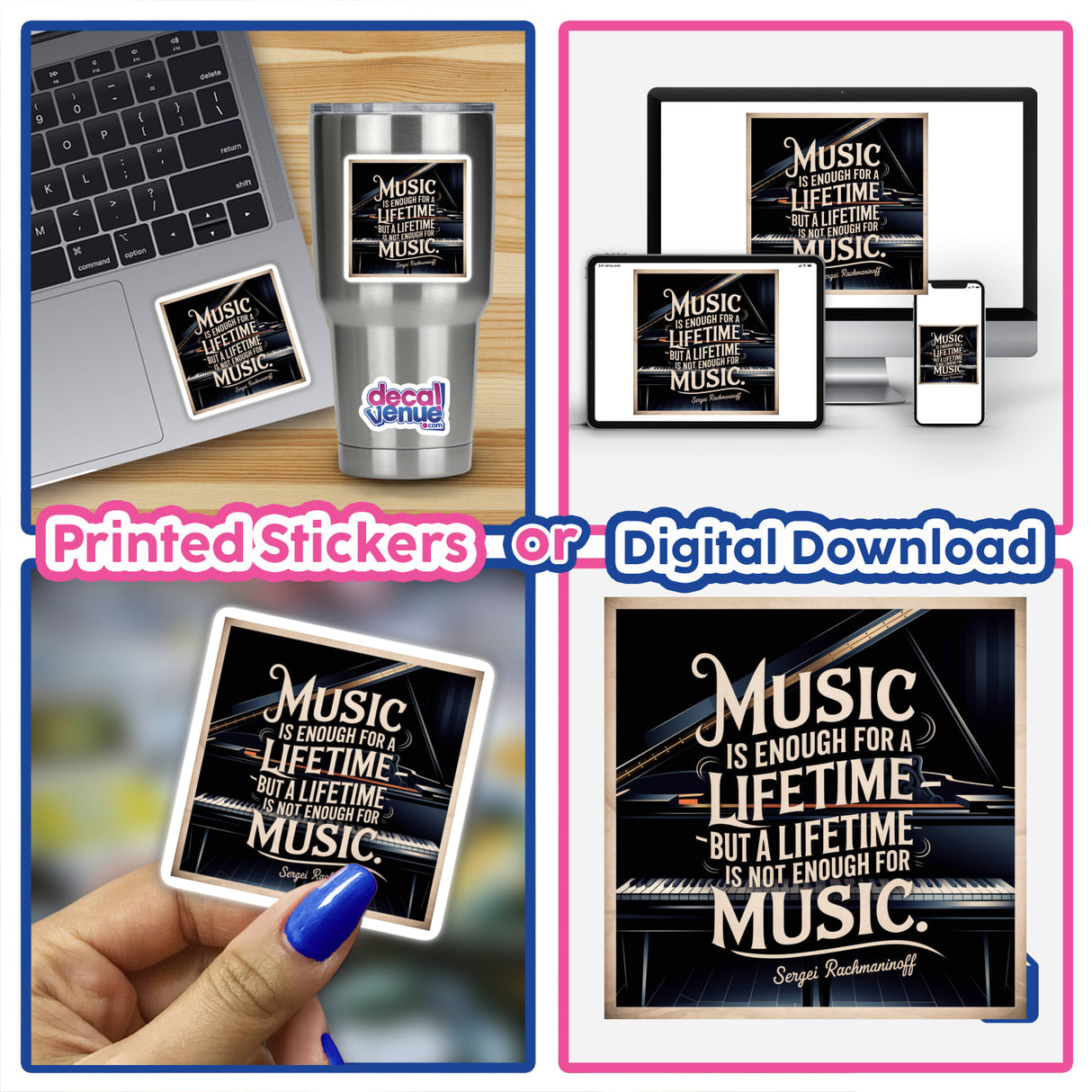 Music is Enough for a Lifetime - Inspirational Sticker or Clipart featuring a Rachmaninoff quote, shown on a laptop with a sticker and digital artwork elements visible.