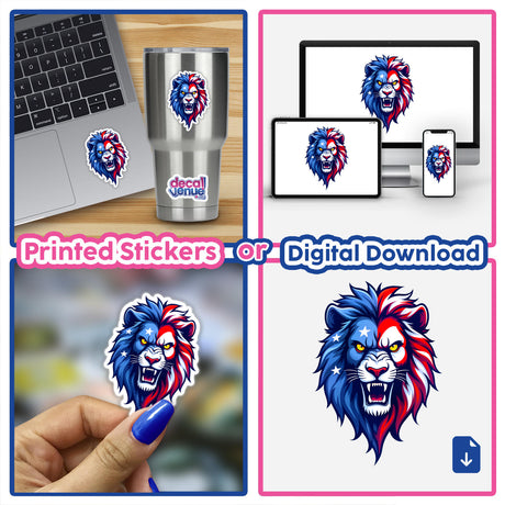 Collage showcasing A Cool American Flag Lion sticker, featuring a lion's head with a mane in red, white, and blue, suitable for laptops and phones. Available as stickers or digital artwork.