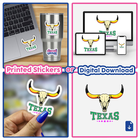 Texas USA Skull Design sticker collage featuring various placements on laptops and personal items. Available as vinyl stickers or digital artwork, highlighting unique and bold skull motifs.