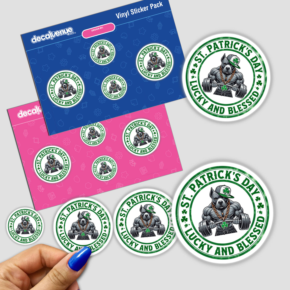 St Patricks Lucky and Blessed Pitbull sticker featuring a cartoon dog lifting a barbell, ideal for vinyl sticker collectors or digital art enthusiasts.