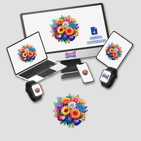 Computer monitor and laptop displaying digital artwork of a bouquet of flowers. Available as stickers or digital artwork from Decal Venue.