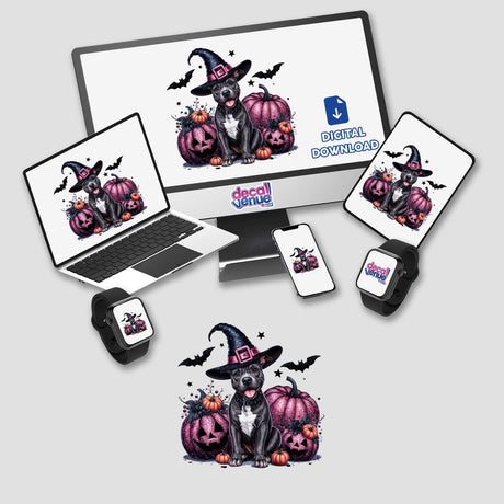 Computer monitor and laptop displaying Halloween Pitbull Dog with Pink Glitter Pumpkins artwork, available as stickers or digital art.