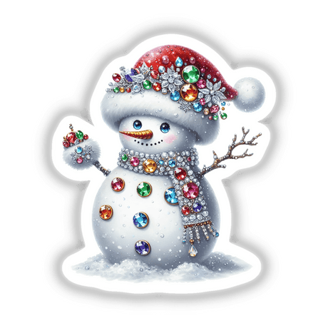 Jeweled Snowman in Santa Hat with colorful gems, featuring blue eyes and a carrot nose, available as stickers or digital artwork from Decal Venue.