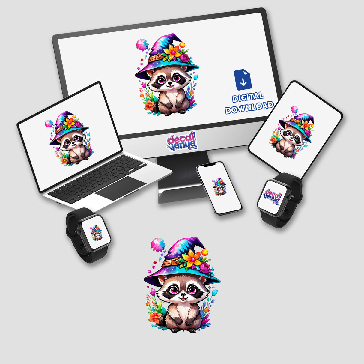 Tiny raccoon Witch digital artwork displayed on a computer monitor and laptop, featuring a cartoon raccoon wearing a hat with flowers. Available as stickers or digital art.