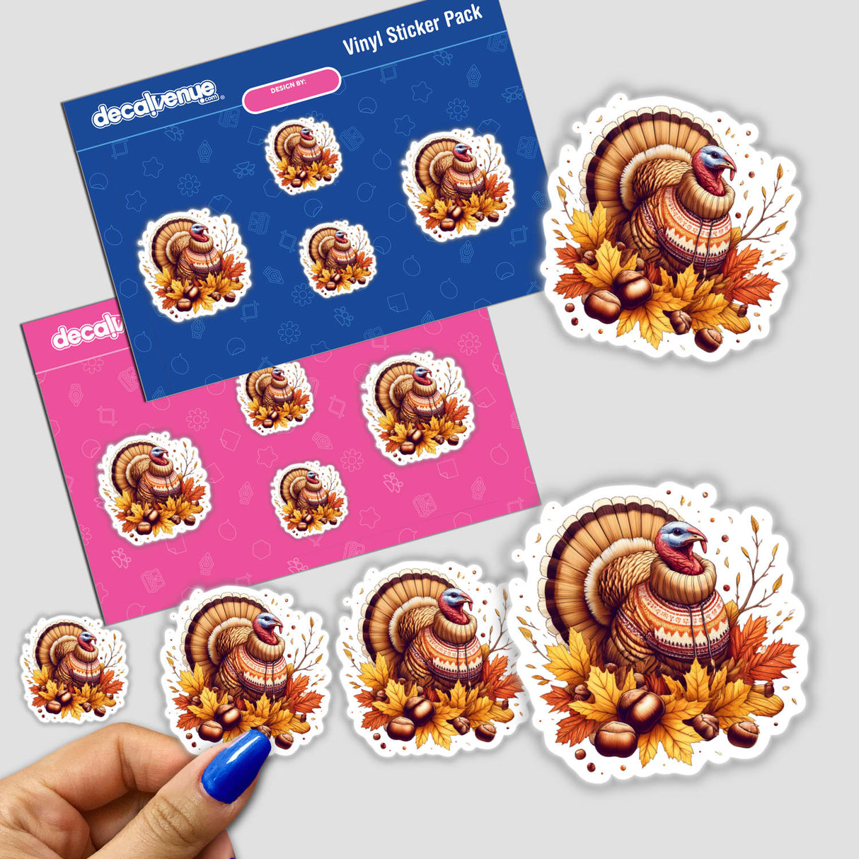 Colorful autumn-themed turkey stickers with cozy sweaters, surrounded by fall foliage and acorns, displayed on a pink and blue background with the Decal Venue brand logo.