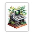 Retro Computer Sticker featuring lush tropical plants and a vintage aesthetic, showcasing a keyboard integrated with a screen, embodying Decal Venue's unique sticker and digital art style.