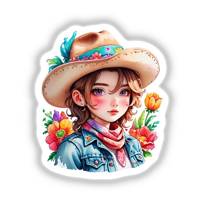 Cartoon girl in a cowboy hat with flowers and a bandana, titled Cowgirl Chic: Hat and Bandana, available as stickers or digital artwork.