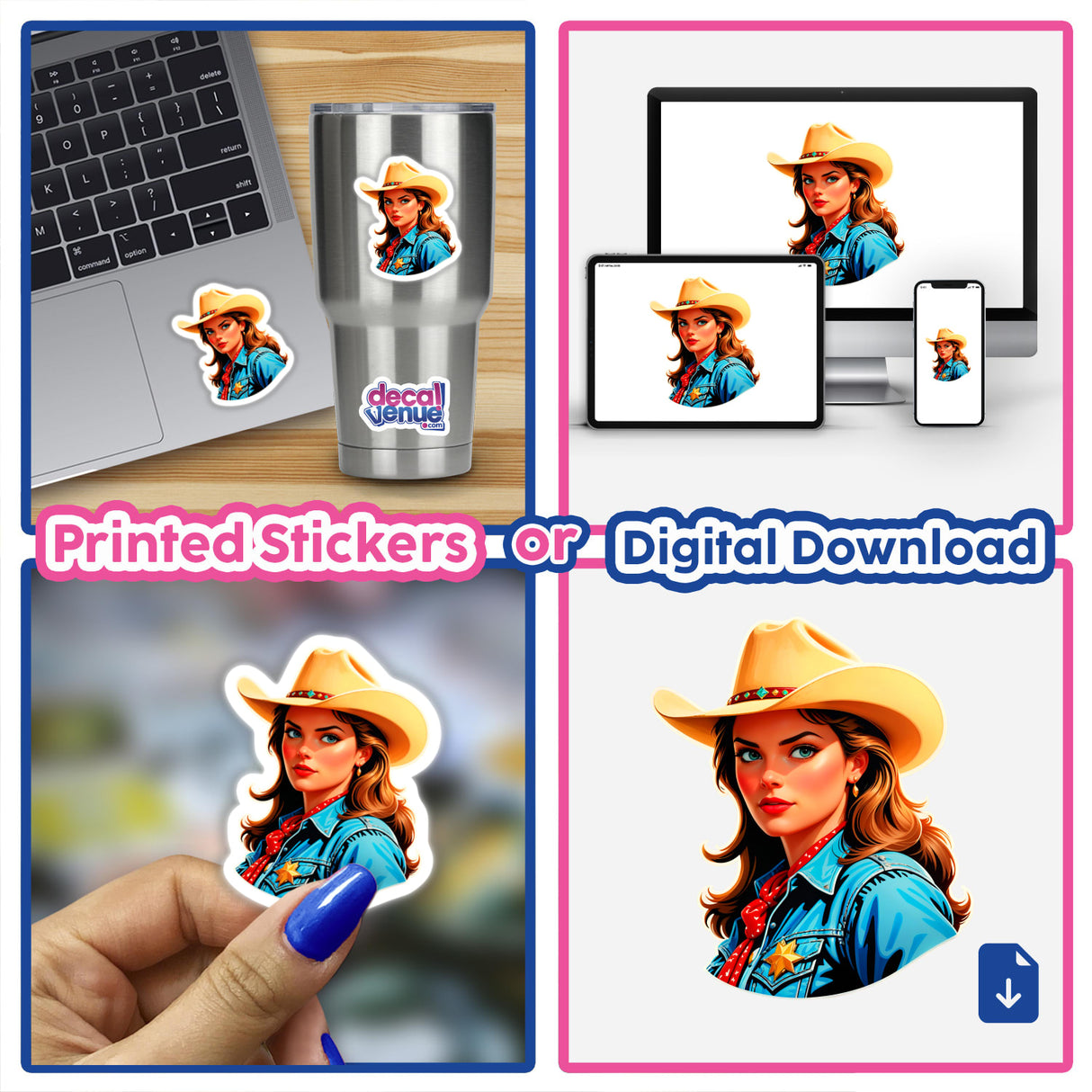 Collage featuring A Cute American Cowgirl sticker or digital artwork, showcasing a woman in a cowboy hat. Perfect for fans of unique decals and digital art from Decal Venue.