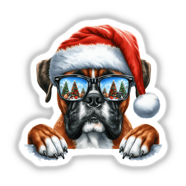 Peeking Santa Christmas Boxer Dog wearing sunglasses and a Santa hat, available as stickers or digital artwork, capturing a festive and playful canine illustration from Decal Venue.