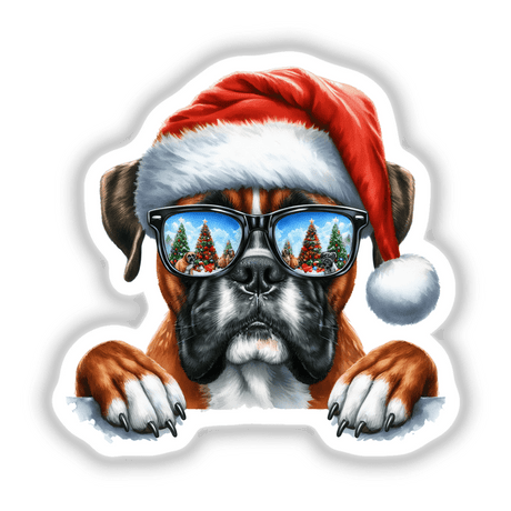 Peeking Santa Christmas Boxer Dog wearing sunglasses and a Santa hat, available as stickers or digital artwork, capturing a festive and playful canine illustration from Decal Venue.