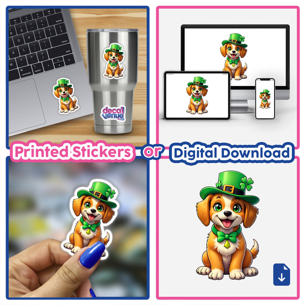 St. Patrick's Day Puppy: A collage featuring cartoon dogs wearing green hats, available as stickers or digital artwork, displayed on a laptop and cup.