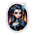 An Evil Queen Anime Girl depicted in a cartoon style with striking blue eyes, available as stickers or digital artwork from Decal Venue, emphasizing unique vinyl and digital art offerings.