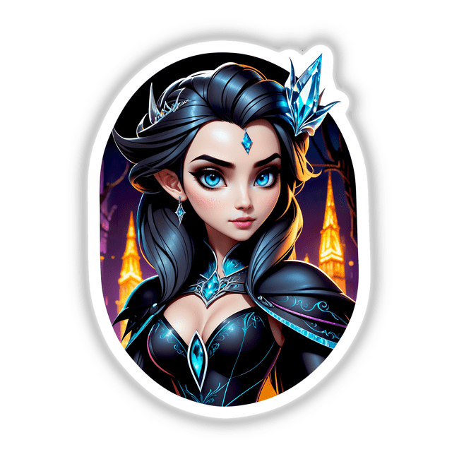 An Evil Queen Anime Girl depicted in a cartoon style with striking blue eyes, available as stickers or digital artwork from Decal Venue, emphasizing unique vinyl and digital art offerings.