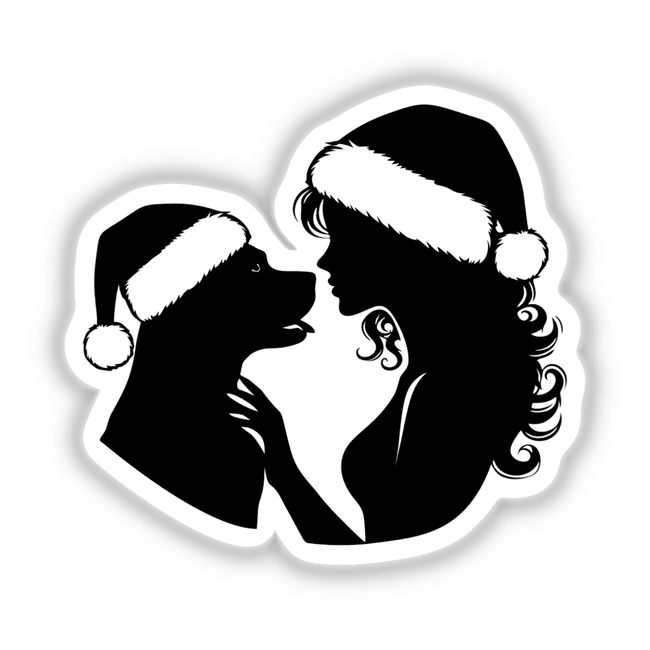 Silhouette illustration titled Christmas Santa Lady Loves Her Pitbull Dog III featuring a woman and dog with Santa hat, available as stickers or digital artwork from Decal Venue.