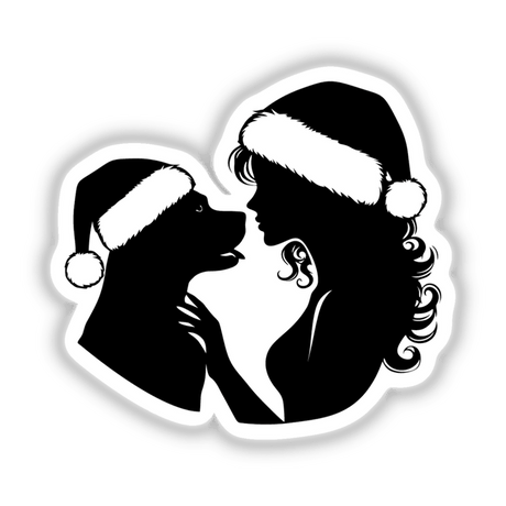 Silhouette illustration titled Christmas Santa Lady Loves Her Pitbull Dog III featuring a woman and dog with Santa hat, available as stickers or digital artwork from Decal Venue.