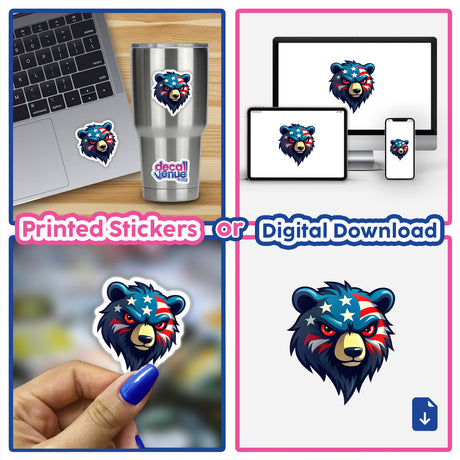 A Cool American Flag Bear sticker shown on a laptop, featuring a cartoon bear adorned with stars and stripes, available as stickers or digital artwork from Decal Venue.