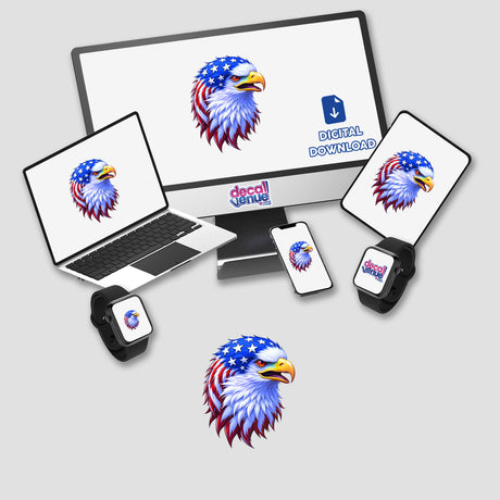 A Cool American Flag Eagle digital artwork displayed on a computer monitor and laptop, featuring a stylized eagle with stars and stripes, available as stickers or digital art from Decal Venue.