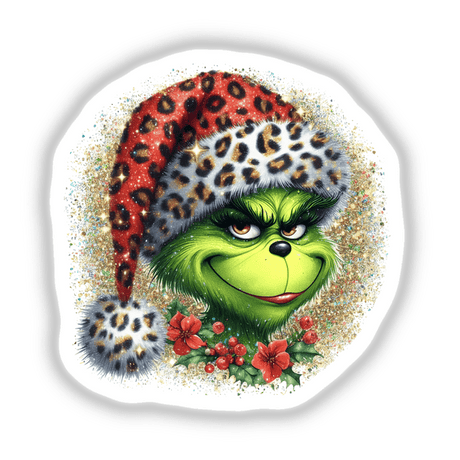 Green Grouch Glitter in Leopard Santa Hat: A playful cartoon character with a mischievous grin, wearing a leopard print Santa hat, available as stickers or digital artwork.