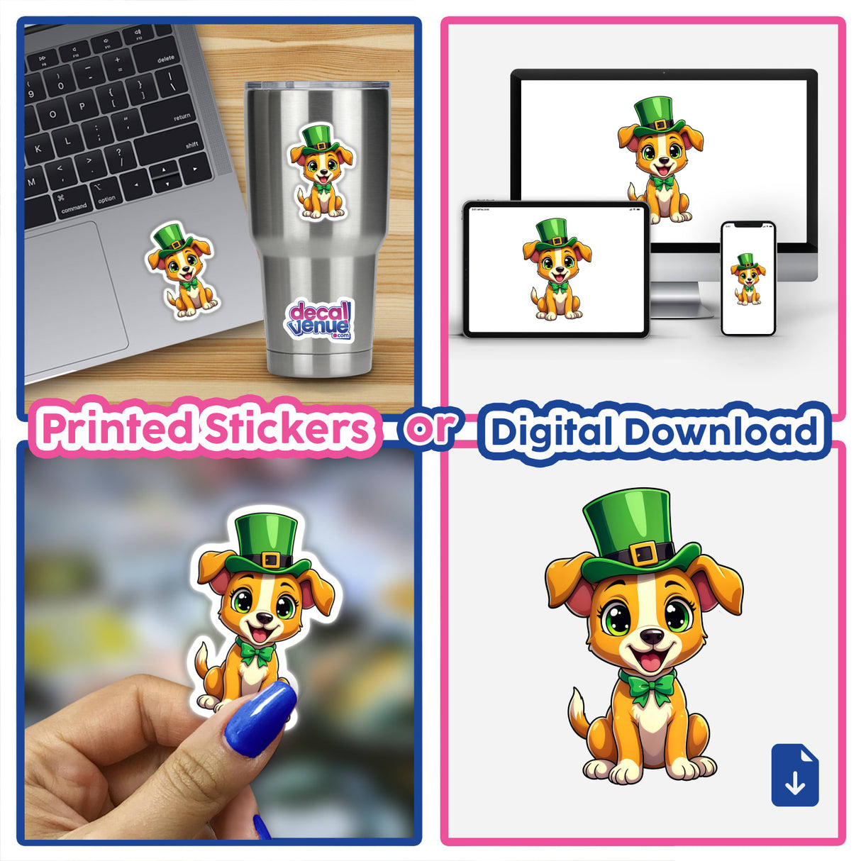 St. Patrick's Day Puppy: A charming cartoon dog in a green hat featured on a laptop, available as stickers or digital artwork, capturing the playful spirit of Decal Venue's unique designs.