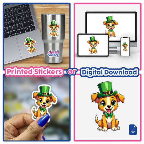 St. Patrick's Day Puppy: A charming cartoon dog in a green hat featured on a laptop, available as stickers or digital artwork, capturing the playful spirit of Decal Venue's unique designs.