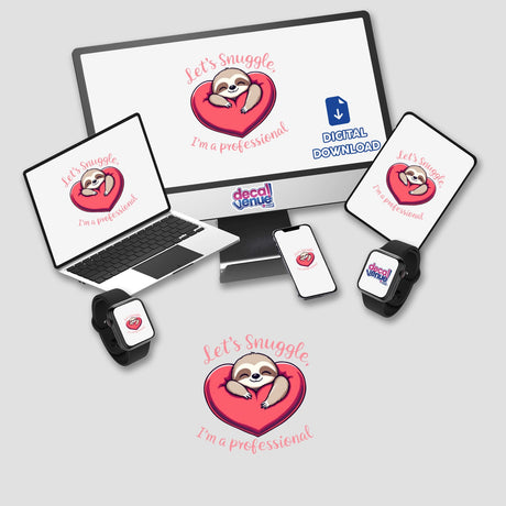 Valentine Sloth sticker or digital artwork featuring a charming sloth hugging a heart, displayed on various screens and devices, showcasing Decal Venue's unique vinyl stickers and digital art offerings.