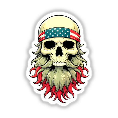 Illustrated skull with a beard, featuring an American flag bandana. Available as stickers or digital artwork, aligning with Decal Venue's unique vinyl and digital art offerings.