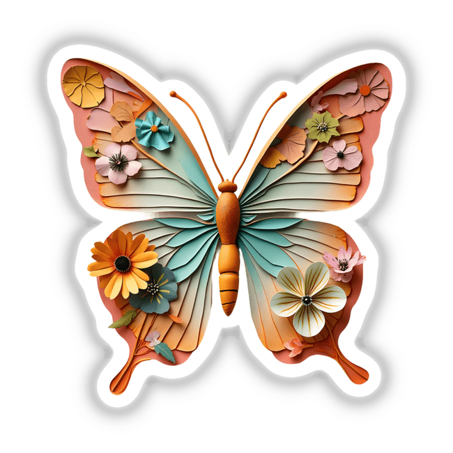 Butterfly Paper Collage Art: A detailed butterfly adorned with flowers and leaves, available as stickers or digital artwork.