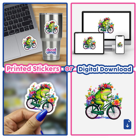 Froggy Adventures: Rainbow Floral Bicycle Sticker displayed on a laptop, featuring a cartoon frog riding a bicycle adorned with flowers.