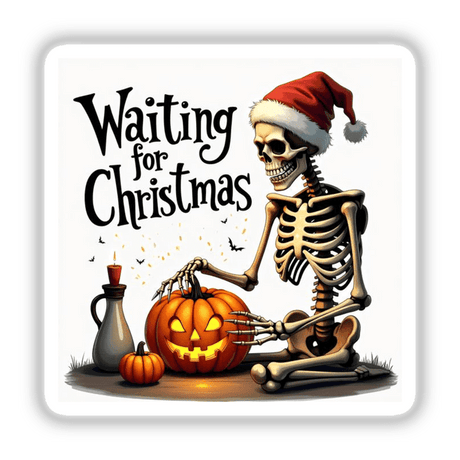 Skeleton wearing a Santa hat holding a pumpkin, capturing the title Skeleton Carving Pumpkin Waiting for Christmas. Available as stickers or digital artwork, perfect for Halloween and Christmas enthusiasts.