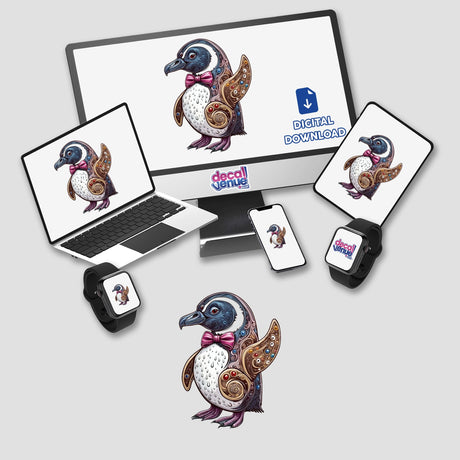 Elegant Penguin with Decorative Patterns and Pink Bow Tie displayed on a computer monitor and laptop, available as unique vinyl stickers or digital artwork from Decal Venue.