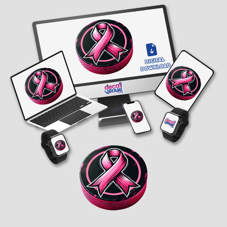 Hockey Puck Pink Ribbon Breast Cancer sticker, displaying a pink ribbon on a black hockey puck, available as stickers or digital artwork.