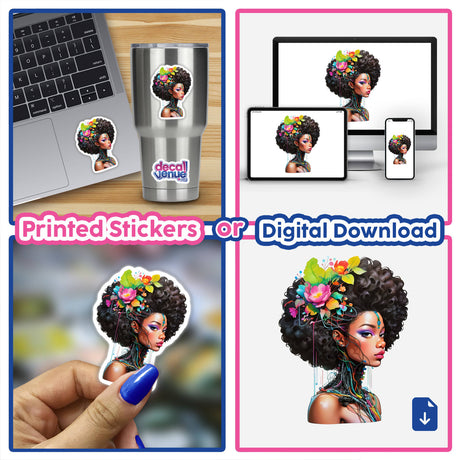 Collage featuring Afro Portrait with Wires and Cables, showcasing a woman adorned with flowers in her hair, close-ups of stickers on a cup and laptop, and a blue-painted fingernail.