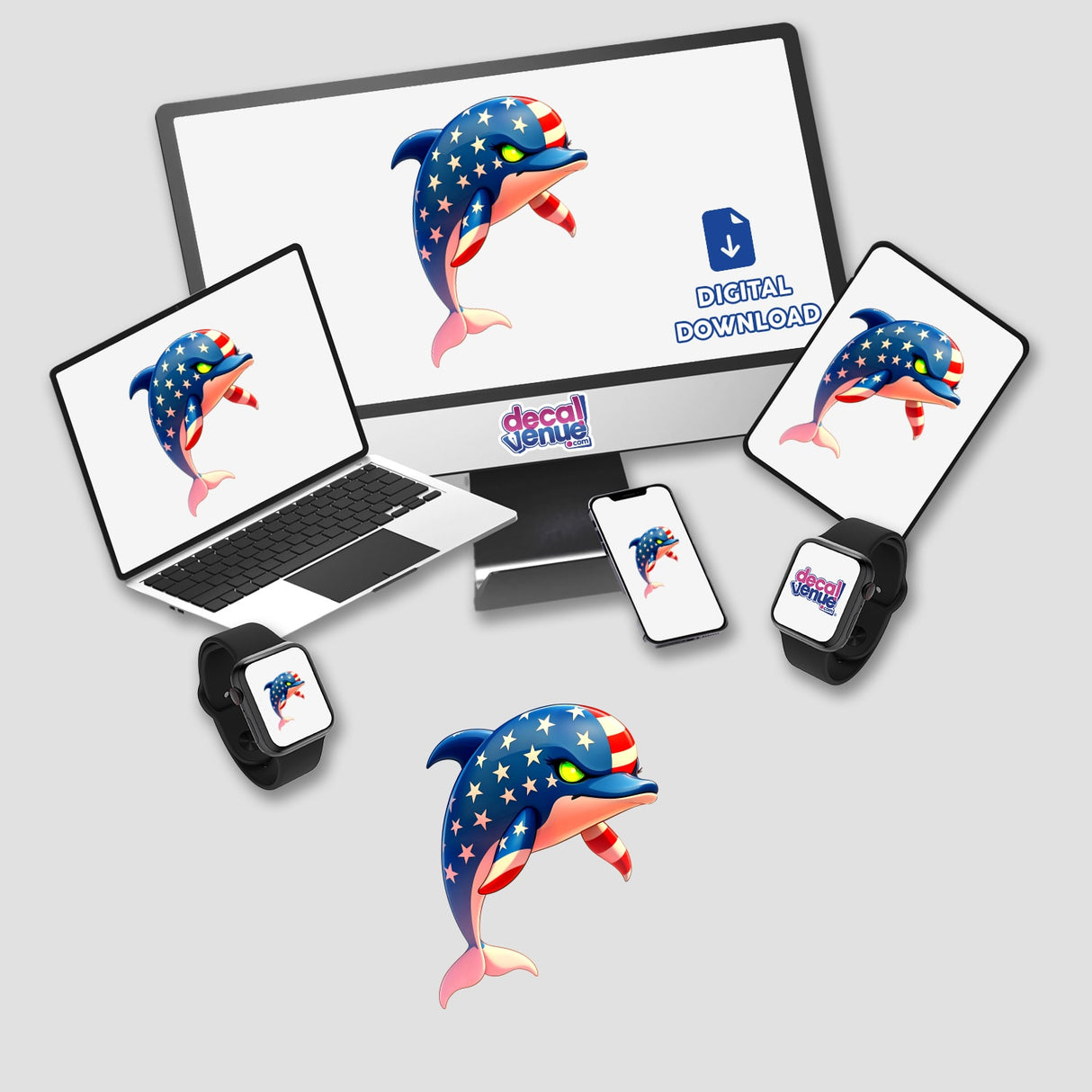 A Cool American Flag Dolphin displayed on a computer monitor and laptop, showcasing cartoon artwork available as stickers or digital art.