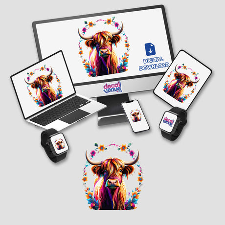 Colorful highland cow digital artwork surrounded by vibrant floral pattern on various digital devices including desktop computer, laptop, smartphone, and smartwatch.