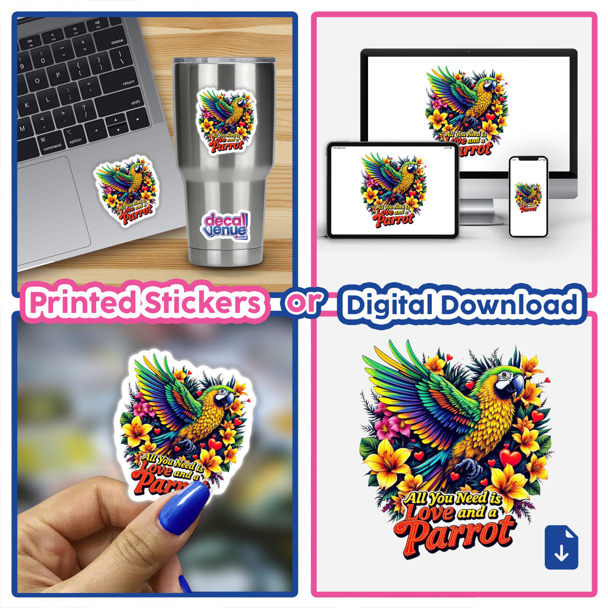 Parrot Love collage featuring a vibrant parrot with flowers, depicted as both a sticker on a laptop and digital artwork, showcasing unique designs from Decal Venue.