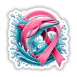 Dolphin Pink Ribbon Breast Cancer illustration featuring a pink dolphin with a pink ribbon, available as stickers or digital artwork.