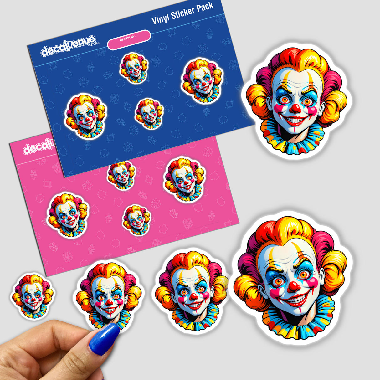 A Crazy Clown Girl sticker featuring a cartoon clown face with colorful hair, surrounded by a hand holding a blue pen, showcasing Decal Venue's unique sticker artistry.