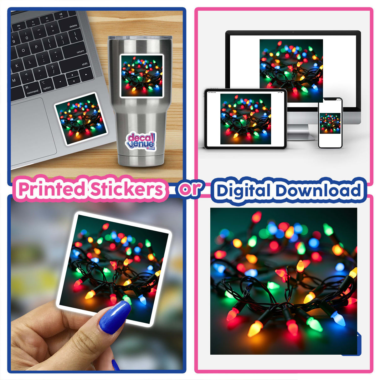 Christmas Lights Envelope Seal Stickers – Bright and Festive Holiday Seals: A collage showcases laptops with festive string lights, highlighting the product's vibrant design ideal for holiday decoration.