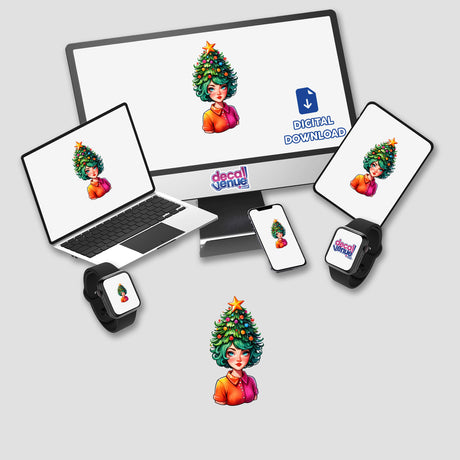 Sticker Design: Christmas Tree Lady with a Festive Xmas Tree Hat displayed on various devices including a computer monitor, laptop, and tablet, highlighting the unique and versatile digital artwork.