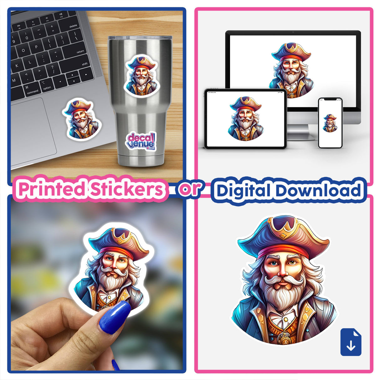 Playful pirate character design featured on digital artwork, stickers, and various mockup products displayed in the image.