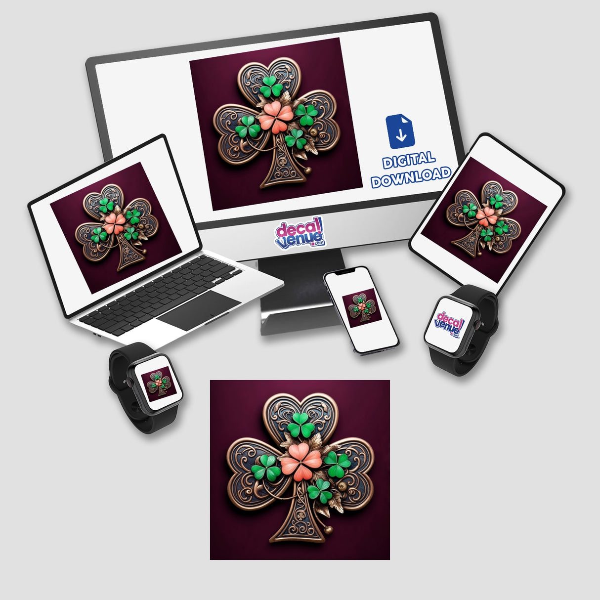 Ornate Shamrock – Bronze Clover with Green and Coral Floral Accents displayed on a computer monitor, laptop, smartphone, and smartwatch, showcasing its versatility as stickers or digital artwork.