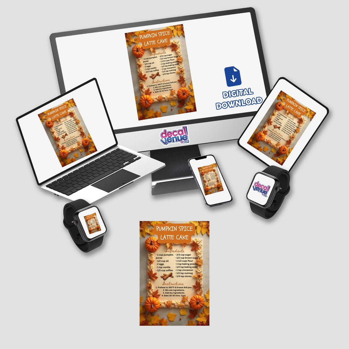 Pumpkin Spice Latte Cake Recipe Clipart – Stickers or Download with Commercial Rights, featuring a digital illustration of a latte cake recipe displayed on a tablet, laptop, and monitor.