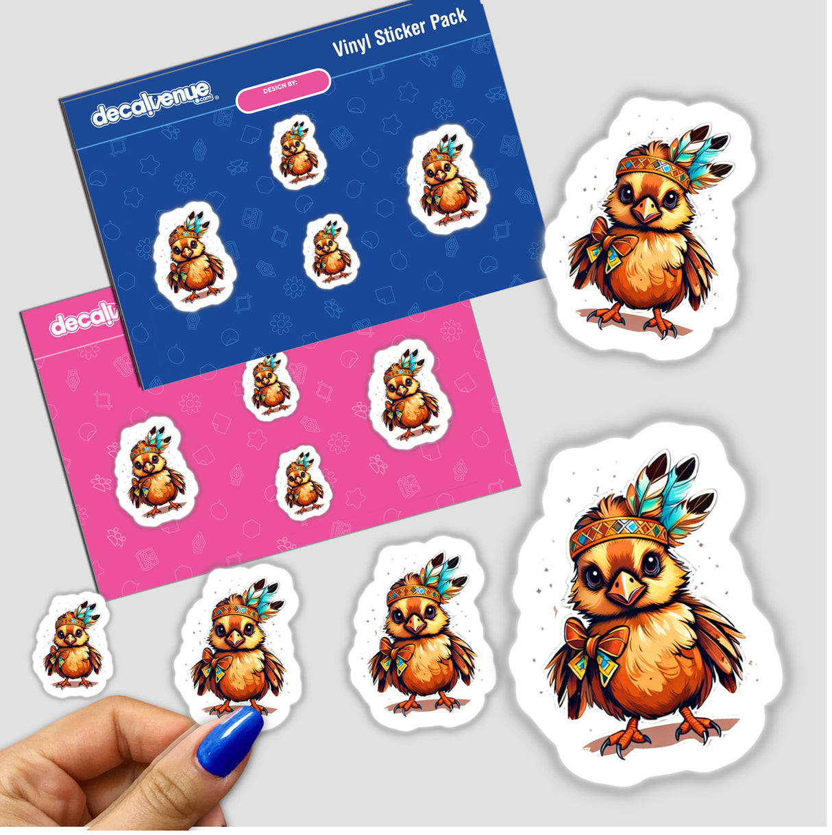 Stickers featuring cartoon birds from the Indian Chick collection, showcasing unique designs, available as both physical stickers and digital artwork.