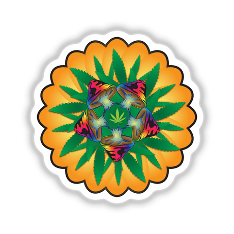 Vibrant digital artwork featuring a trippy, kaleidoscopic cannabis flower surrounded by dynamic green leaves on an orange sunburst background.