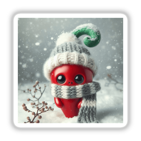 Chili Pepper toy adorned with a charming knitted hat and scarf, embodying a winter theme. Available as unique vinyl stickers or digital artwork from Decal Venue.